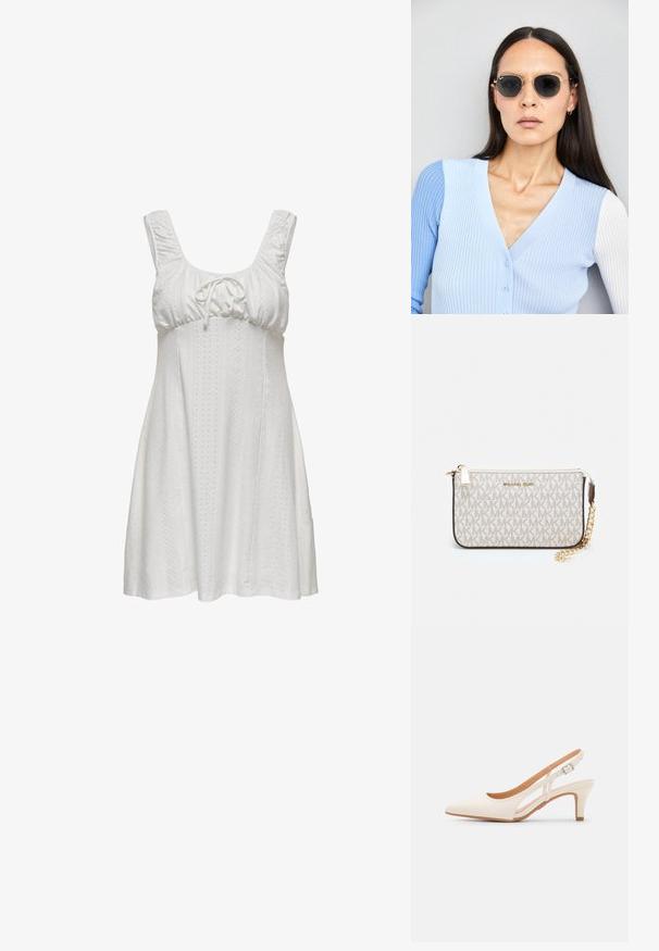 Bílý bezrukávový šaty se sbíraným výstřihem, detailem vázání a texturovanou tkaninou s očkovými vzory. Rozšířená silueta s jemnými liniemi.; Bílé lodičky na podpatku s špicatou špičkou, hladkým svrškem, nízkým blokovým podpatkem a designem s bočním výřezem se stahovací sponou.; Kulaté sluneční brýle s tmavými čočkami a zlatými rámy. Modelka má na sobě světle modrý žebrovaný kardigan s knoflíky a kontrastními bílými rukávy.; Kabelka na zápěstí Michael Kors v béžové potažené plátno s opakujícím se vzorem loga MK, zlatými kovovými doplňky a odnímatelným řetízkovým popruhem.