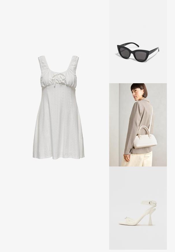 Vestido branco sem mangas com decote franzido, detalhe de atar e tecido texturizado com padrões de ilhós. Uma silhueta rodada com linhas suaves.; Sandal de salto alto com tiras em couro branco, com um design elegante, um salto bloco transparente e um elemento decorativo na ponta.; Óculos de sol cat-eye pretos com acabamento mate, apresentando lentes cinzentas, ângulos acentuados e hastes elegantes. Nome da marca visível na parte interna da haste.; Bolsa estruturada branca com alças curtas e uma alça de ombro, com detalhes em hardware dourado e material texturizado, exibida contra um fundo cinza.