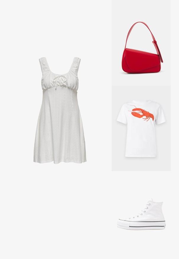 Vestido branco sem mangas com decote franzido, detalhe de atar e tecido texturizado com padrões de ilhós. Uma silhueta rodada com linhas suaves.; Camiseta de algodão branca com um grande gráfico de lagosta vermelha brilhante na frente. Mangas curtas e design de gola redonda padrão.; Sapatilha alta de tela branca com sola de borracha preta, bico de borracha na frente e seis ilhós para os atacadores, apresentando um design limpo e minimalista.; Bolsa de mão em couro vermelho com um design angular e geométrico. Apresenta uma única alça ajustável e um fecho com aba, com detalhes cosidos.