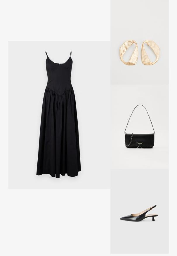 Rochie maxi neagră cu bretele subțiri, bust ajustat și fustă plisată. Confecționată dintr-un material ușor, cu o textură fină și un luciu subtil.; Pantofii cu toc kitten slingback din piele neagră, cu vârf ascuțit și cataramă aurie pe brățara laterală, pe un fundal alb.; Geantă de mână din piele neagră cu un lanț din argint, având accente decorative în formă de aripi și cusături albe de-a lungul cusăturii de jos.; O pereche de cercei din metal de culoare aurie, cu formă ovală neregulată, având o suprafață texturată, ușor ciocănită, pe un fundal alb.