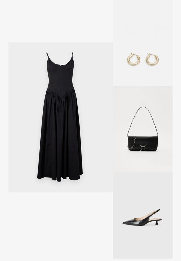 Črna maksi obleka z tankimi naramnicami, prilegajočim bodijem in nagubanimi krili. Narejena iz lahkega materiala z gladko teksturo in subtilnim sijajem.; Črne usnjene slingback čevlje z mačjih petah in oštrim nosom ter zlatim sponko na stranskem traku, na beli podlagi.; Črna usnjena torbica s srebrnim verižnim ročajem, ki ima okrasne krilate poudarke in belo šivanje ob spodnjem šivu.; Lauren Ralph Lauren BASIC SMALL HOOP - Uhani - gold-coloured