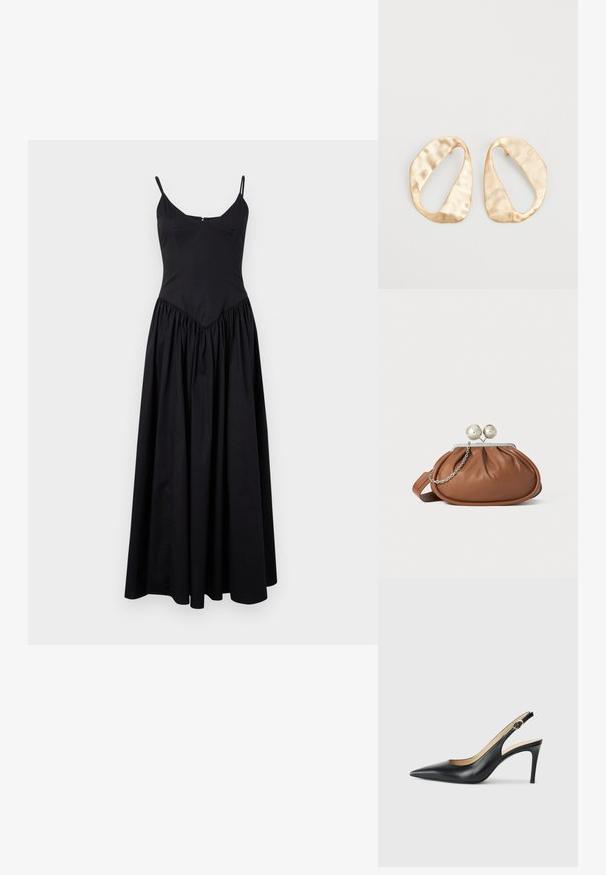 Czarna maxi sukienka z cienkimi ramiączkami, dopasowanym korpusem i marszczoną spódnicą. Wykonana z lekkiego materiału o gładkiej fakturze i subtelnym połysku.; Czarne skórzane sandały na obcasie typu slingback z wąskim noskiem, regulowanym paskiem i smukłym obcasem szpilką, o gładkim wykończeniu.; Brązowa skórzana kopertówka z srebrnym zapięciem w kształcie kuli oraz małym srebrnym łańcuszkiem na białym tle.; Para nieregularnych, owalnych kolczyków ze złotego metalu o teksturowanej, lekko młotkowanej powierzchni na białym tle.