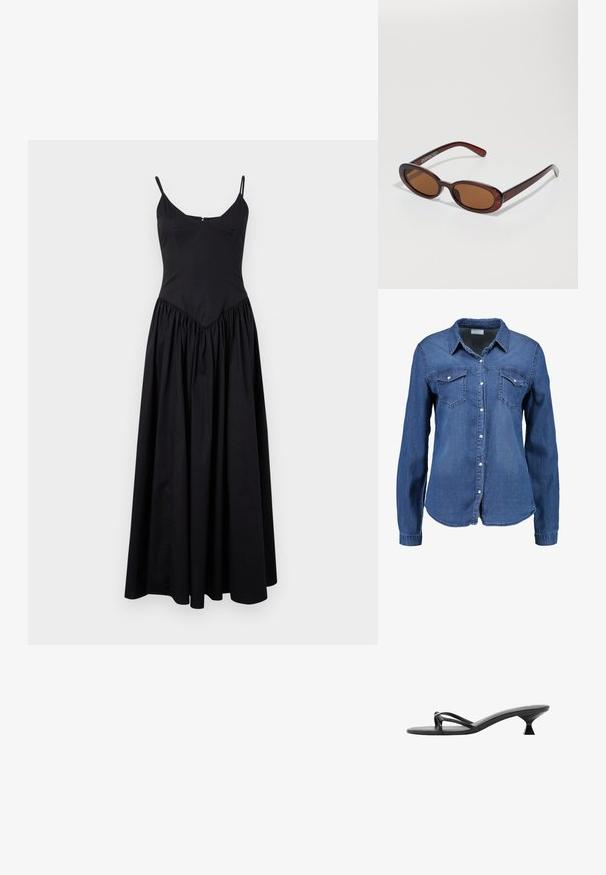 Rochie maxi neagră cu bretele subțiri, bust ajustat și fustă plisată. Confecționată dintr-un material ușor, cu o textură fină și un luciu subtil.; Cămașă din denim de culoare albastru mediu, cu mâneci lungi, nasturi la partea din față, guler ascuțit și două buzunare pe piept. Textură moale, cu croială standard.; Sandale negre cu toc, având un design elegant, curele subțiri și un toc triunghiular unic. Textură netedă și un aspect minimalist.; Ochelari de soare rotunzi, cu nuanțe de brown și cu un cadru lucios de burgund. Brațe subțiri cu detalii subtile de branding. Design cu lentile plate.