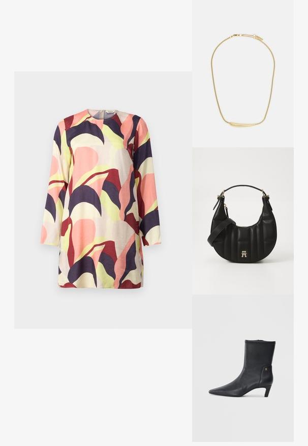 A colorful, long-sleeved tunic featuring a blend of pink, purple, and green abstract leaf patterns on a light background. Soft fabric.; Black leather ankle boots with a pointed toe and a low heel. Features a smooth texture and a small gold logo detail on the side.; Black leather handbag with a curved shape, quilted texture, and gold hardware. Features a detachable shoulder strap and logo detail.; Gold-plated necklace with a smooth, curved central accent. Features a flexible chain with a lobster clasp and additional adjustable chain links.