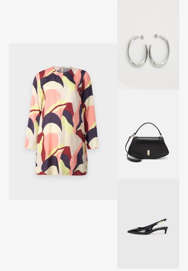A colorful, long-sleeved tunic featuring a blend of pink, purple, and green abstract leaf patterns on a light background. Soft fabric.; Black leather slingback heels with a pointed toe, featuring a slim heel and a gold-tone accent on the adjustable strap. Smooth texture.; Black leather handbag with a structured design, featuring a cropped shape, top handle, and gold hardware accent. Adjustable shoulder strap included.; Silver hoop earrings with a smooth, curved design. Features a shiny metallic finish and stud closure. No visible patterns or accents.