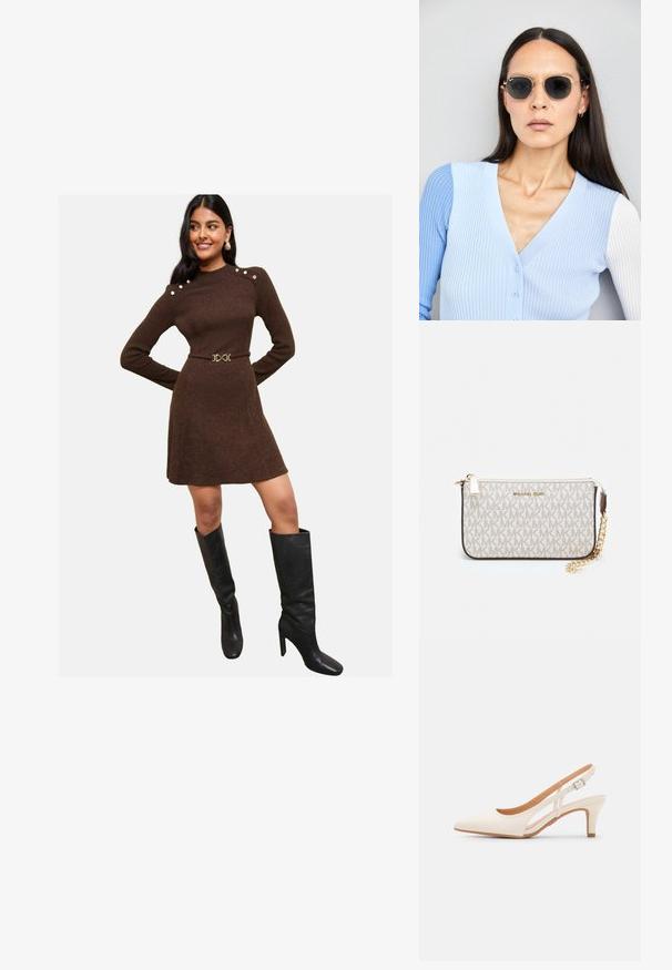 Braunes geripptes Kleid mit langen Ärmeln, Schulterknöpfen und tailliertem Schnitt, kombiniert mit eleganten schwarzen Stiefeln bis zum Knie.; Weiße Slingback-Absätze mit spitzer Zehenpartie, glattem Obermaterial, niedrigem Blockabsatz und seitlichem Ausschnitt-Design mit verstellbarem Schnallenriemen.; Runde Sonnenbrillen mit dunklen Gläsern und goldenen Rahmen. Das Modell trägt eine hellblaue, gerippte Strickjacke mit Knöpfen und weißen Kontrastärmeln.; Michael Kors Clutch in beige beschichtetem Canvas mit einem wiederholten MK-Logo-Muster, goldfarbener hardware und einem abnehmbaren Kettenriemen.