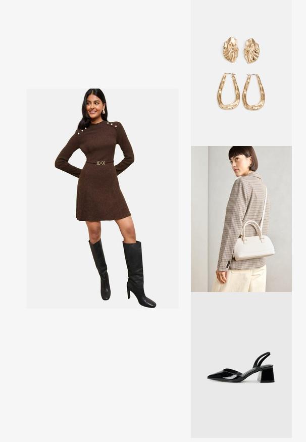 Abito marrone a coste con maniche lunghe, bottoni sulle spalle e vita aderente, abbinato a stivali neri eleganti sopra il ginocchio.; Décolleté in vernice nera con punta affusolata e tacco in geometria cubica. Presentano un design elegante e minimalista, con una texture liscia.; Borsa a mano bianca strutturata con manici corti e tracolla, dotata di dettagli in metallo dorato e materiale testurizzato, esposta su uno sfondo grigio.; Orecchini in tono oro caratterizzati da forme ondulate eTexture. Comprendono chiusure clip-on scultoree e un design a cerchio aperto con finitura martellata.