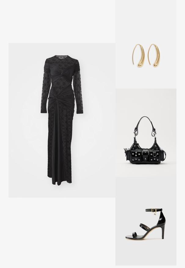 Černé šaty s dlouhým rukávem, které mají strukturovanou vrstvu s geometrickými vzory, nařasené detaily a přiléhavý siluetu sahající až na podlahu.; Černé lakované kožené sandály se třemi pásky, sponou na kotníku a 10 cm jehlovým podpatkem. Obsahují zlaté kovové detaily a logo přívěsek.; Černá kožená kabelka s křivkovým designem, zdobená stříbrnými hřebíky, s přezkou a dvěma bočními kapsami. Nastavitelný popruh pro různé možnosti nošení.; Náušnice ve tvaru kruhu z pozlaceného kovu s vroubkovaným, prodlouženým tvarem. Mají hladký, lesklý povrch a zaoblený konec pro zvýraznění detailu.