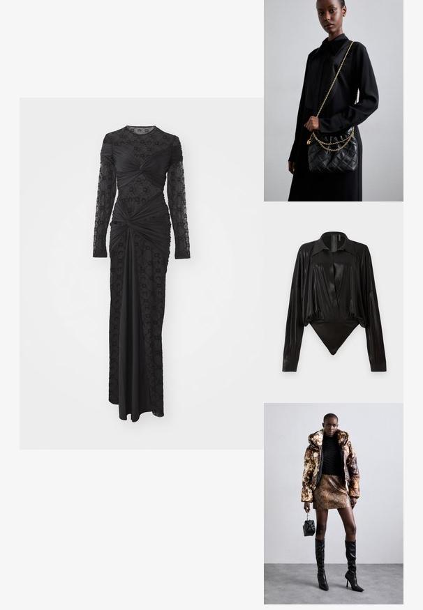 Fekete, hosszú ujjú ruha, amely texturált átlátszó réteggel, geometrikus mintákkal, ráncolt részletekkel és a padlóig érő, testhezálló szilikonval rendelkezik.; Fekete egyrészes ruházat hosszú ujjakkal, V-kivágással és testhez simuló fazonnal. Fényes, sima anyagból készült, strukturált gallérral és mandzsettákkal.; Barna és fekete mintás puffjú dzseki, barna kígyóbőr mintás mini szoknyával, fekete térdig érő csizmával és egy kicsi fekete táskával párosítva.; Fekete steppelt bőr kézitáska gyűrt toppal, arany lánc vállpánttal és téglalap alakú formával, egyszerű háttér előtt tartva.