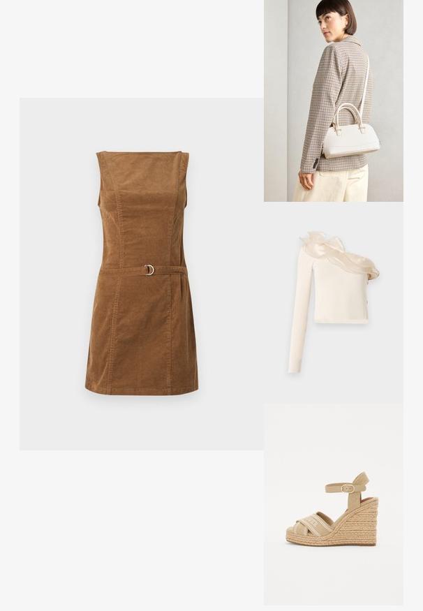 Brūna korduroja kleita ar kvadrātveida kakla izgriezumu, bez piedurknēm, pieguļošs augšdaļa un jostas daļa ar sudraba apaļu aizdari.; Asimetrisks krēmkrāsas topiņš ar vienu garu piedurkni, ar caurspīdīgu volānu rotātu izgriezuma detaļu un gludu, piegulošu audumu.; Krembrūni zābaki uz papēžiem ar austu jūtu papēdi, auduma augšdaļu un potītes siksniņu. Iezīmējas ar diagonālu svītru dizainu un logo detaļām.; Balta strukturēta roku soma ar īsām rokturiem un plecu siksnu, ar zelta aparatūras akcentiem un strukturētu materiālu, izstādīta uz pelēka fona.