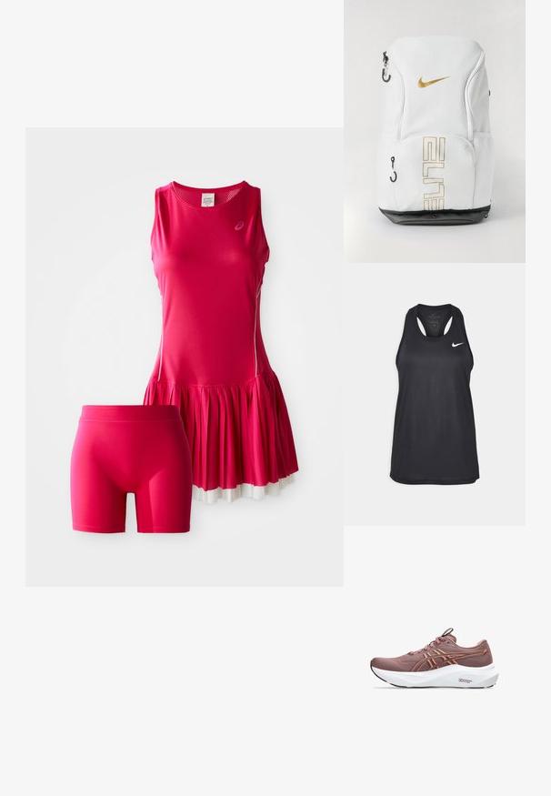 Růžové sportovní šaty s připojenou plisovanou sukní a odpovídajícími šortkami. Vyrobeno z lehkého, prodyšného materiálu. Obsahuje kontrastní lem.; Černý atletický top Nike s kulatým výstřihem, designem s otevřenými zády a vyšitým logem na hrudi. Hladká textura látky.; Běžecká obuv s růžovou síťovinou, oranžovými akcenty a bílou polstrovanou podrážkou. Obsahuje 3D systém vedení pro podporu.; Bílý batoh Nike se zlatým logem a textem „ELITE“, se zipovými uzávěry, bočními síťovinovými kapsami a černým spodním dnem. Hladká textura.