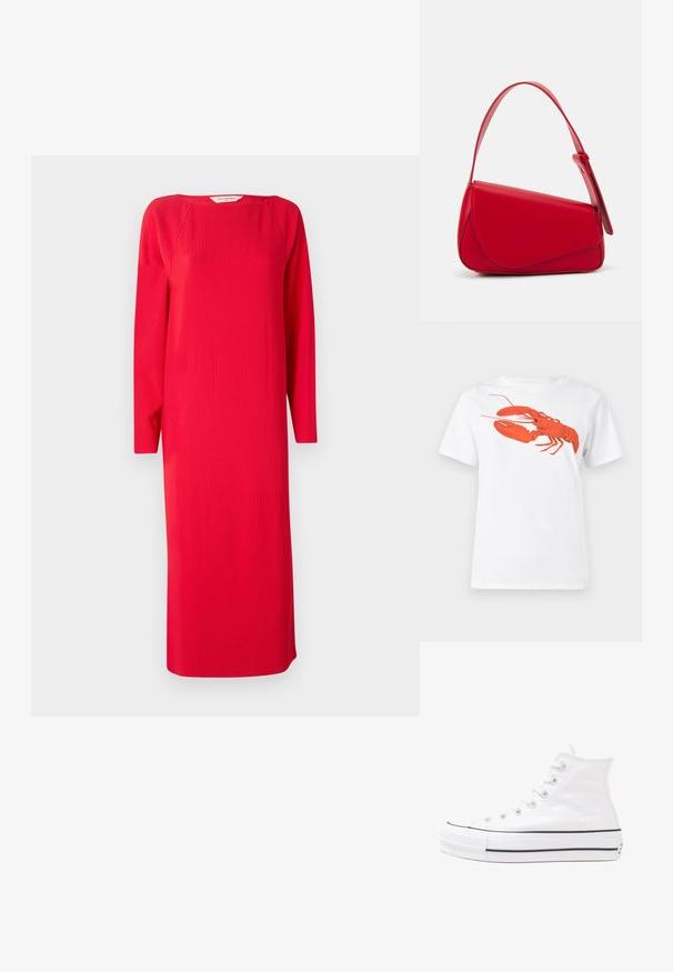 Vestido de malha canelada vermelha com mangas longas, decote redondo e silhouette reta. O tecido tem uma aparência texturizada e comprimento até à meia-perna.; Camiseta de algodão branca com um grande gráfico de lagosta vermelha brilhante na frente. Mangas curtas e design de gola redonda padrão.; Sapatilha alta de tela branca com sola de borracha preta, bico de borracha na frente e seis ilhós para os atacadores, apresentando um design limpo e minimalista.; Bolsa de mão em couro vermelho com um design angular e geométrico. Apresenta uma única alça ajustável e um fecho com aba, com detalhes cosidos.