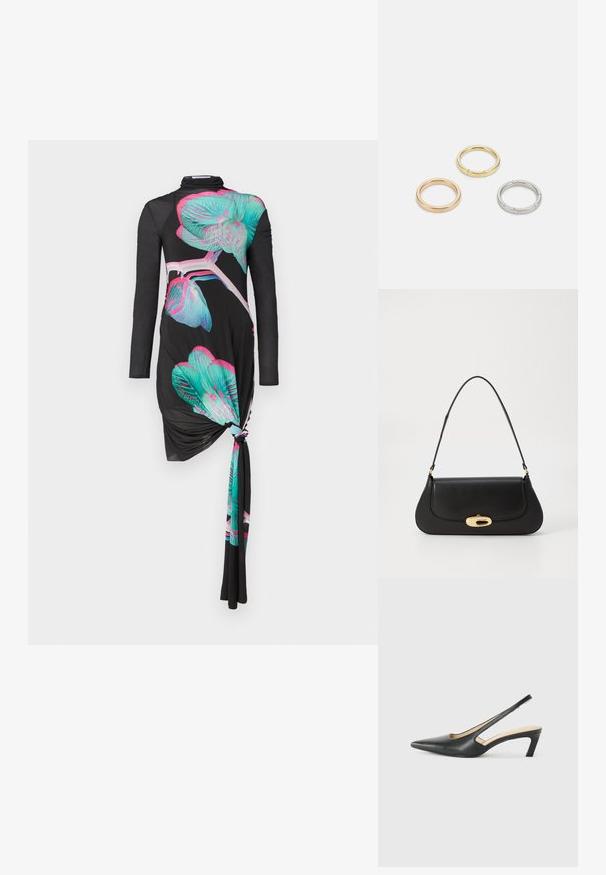 Černé dlouhé šaty s dlouhým rukávem a uzlovým detailem na jedné straně, s vícebarevnými orchidejovými vzory v tyrkysové a růžové barvě, hladká textura.; Černý špičatý slingback s nízkým podpatkem, vyrobený z hladké kůže, s výřezem na boku pro lepší prodyšnost.; Černá kožená kabelka s zakřiveným designem, zlatými akcenty a horním uchem. Vybavena elegantním zavíráním a hladkým povrchem.; Tři kovové prsteny: jeden růžově zlatý, jeden zlatý s texturovanými detaily a jeden stříbrný, všechny s vyrytým brandingem na vnitřním boku.