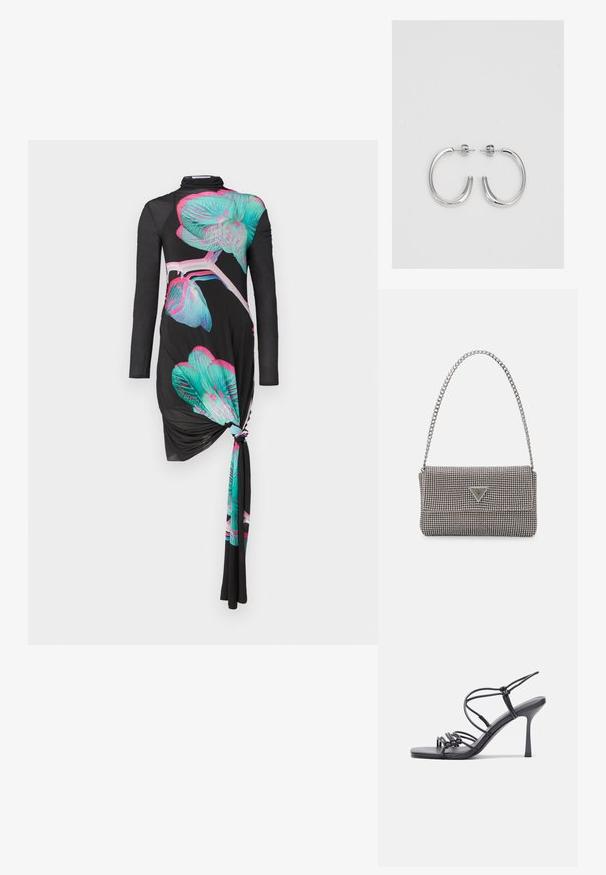 Juodas ilgas suknelė su ilgomis rankovėmis, kuriame yra mazgo detalė iš vienos pusės, puošta daugiaspalvėmis orchidėjų raštais mėlynos ir rožinės spalvų, minkštas paviršius.; Juodos aukštakulnės sandalai pasižymi plonyčiais dirželiais su mazgo dizainu, lygiu kvadratiniu pirštu ir elegantišku stiletto kulnu.; Šviesiai pilka metalinė rankinė su grandinėlės dirželiu, papuošta mažais apvaliais metaliniais smeigėmis ir trikampiu prekės ženklu.; Sidabrinės auskarai žiedai su lygiu, blizgiu paviršiumi. Suapvalinta forma, lengvas dizainas, su uždarymu ant smeigtuko.