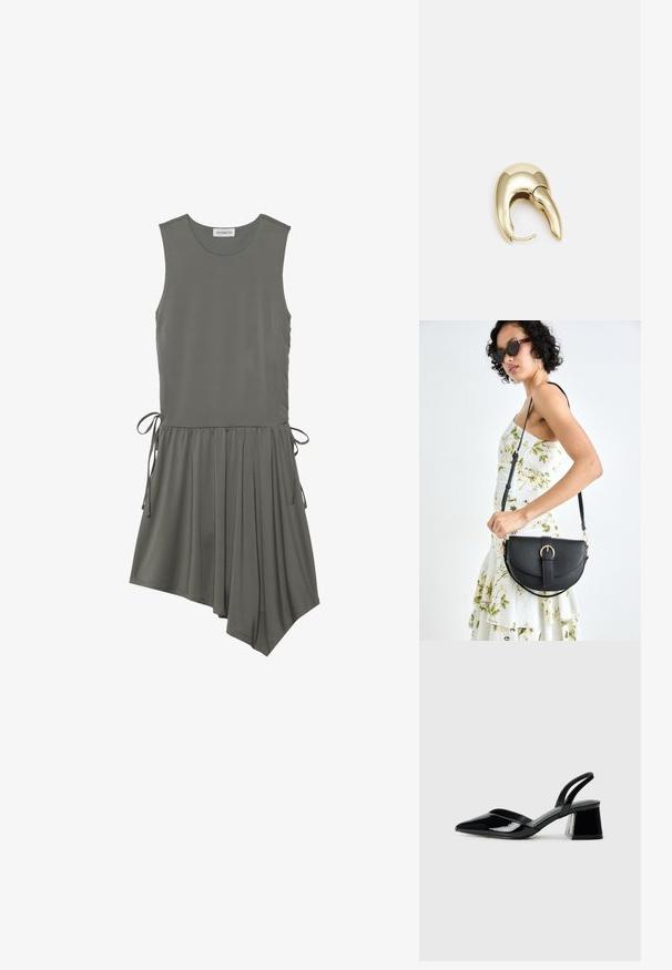 Švarko nesukta su rankovėmis, pagaminta iš alyvuogių žalios medžiagos, su šoniniu ryšulio detalėmis, klostuota sijonine dalimi ir asimetrišku sijonu. Lygus paviršius, kasdieniškas dizainas.; Juodos lakuotos odinės šlepetės su smailiu pirštu ir geometriniu bloko kulnu. Turi elegantišką, minimalistinį dizainą ir lygų paviršių.; Juodas odinis krepšys su išlenkta forma, nuimamu dirželiu ir auksiniais detalėmis. Krepšys turi kilpą su sagtimi.; Aukso tono metalinės auskarai su stilingu, kreiviu dizainu. Išsiskiria ryškiu smailiu pavidalu, poliruota paviršiumi ir užsegimu su vyriu.