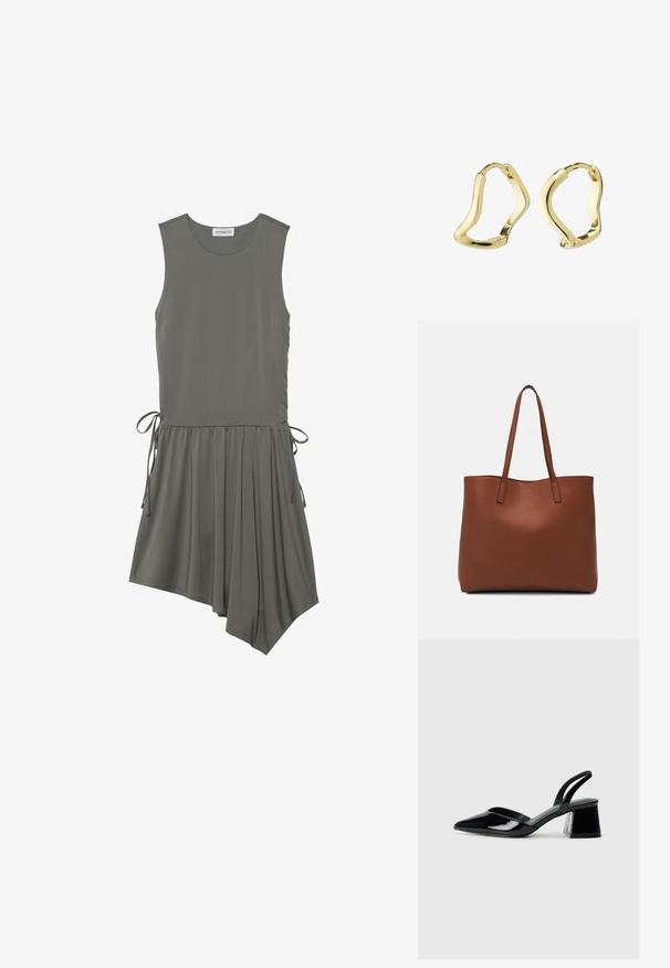 Bez piedurknēm, olīvu zaļas krāsas kleita, ar sānu saišu detaļu, krokotu svārku un asimetrisku apakšmalu. Gluda tekstūra, ikdienišķs dizains.; Melna lakota āda ar atvērto papēdi, ar smailu purngalu un ģeometrisku blokpapēdi. Iezīmējas elegants, minimāls dizains un gluda tekstūra.; Brūna ādas iepirkumu soma ar gludu tekstūru, atvērta augšdaļa un divas plecu siksnas. Izceļas ar minimālām šuvēm un redzamu aparatūru nav.; Zelta riņķa auskari ar plūstošu, viļņveida dizainu. Gluda tekstūra, atvērta forma un nav redzamu aizdaru. Minimālisma un mūsdienīgs izskats.