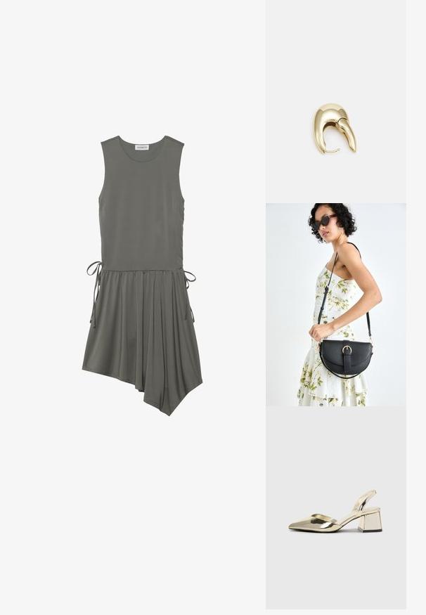 Ärmelloses Kleid aus olivgrünem Stoff mit seitlichem Bindedetail, plisseeartigem Rock und asymmetrischem Saum. Glatte Textur, lässiges Design.; Goldene, metallische Slingback-Absätze mit spitzem Zeh und dicker Ferse. Glatte Textur, minimalistisches Design und ein schmaler Riemen.; Schwarze Lederhandtasche mit geschwungener Form, abnehmbarem Tragegurt und goldenen Beschlägen. Die Tasche verfügt über einen Deckel mit einer Schnallen-Details.; Ohrringe aus goldfarbenem Metall mit einem schlanken, geschwungenen Design. Sie verfügen über eine markante, spitze Form, eine polierte Oberfläche und einen Scharnierverschluss.