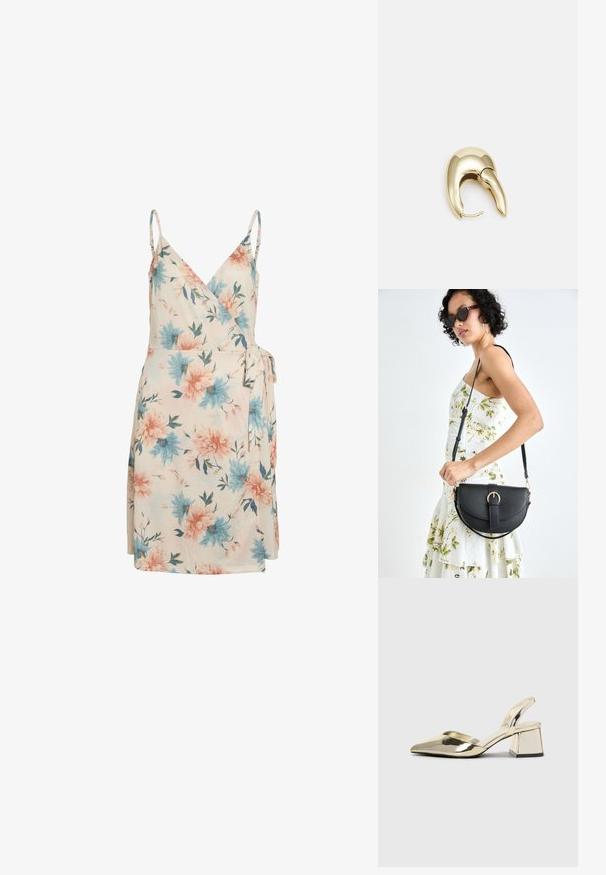 Gėlėta suknelė kremine spalva, su mėlynomis ir rožinėmis gėlėmis, reguliuojamomis petnešėlėmis ir šone surišimu. Minkšta medžiaga su lengvu ir plazdančiu dizainu.; Auksiniai, metaliniai slingback aukštakulniai bateliai su smailiu pirštu ir masyviu kulnu. Lygus paviršius, minimalizmo dizainas ir siaura juostelė.; Juodas odinis krepšys su išlenkta forma, nuimamu dirželiu ir auksiniais detalėmis. Krepšys turi kilpą su sagtimi.; Aukso tono metalinės auskarai su stilingu, kreiviu dizainu. Išsiskiria ryškiu smailiu pavidalu, poliruota paviršiumi ir užsegimu su vyriu.