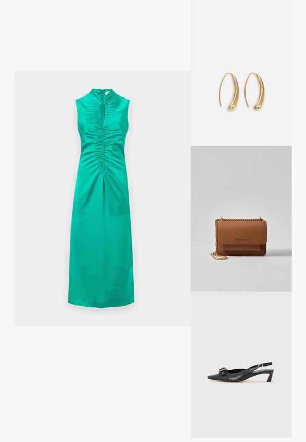 Teele satiinimekko, jossa on leikattu kaula-aukko ja hihattomat hihat, rypytetty yksityiskohta rinnassa ja keskellä, takana vetoketju ja suora helma.; Musta nahkainen slingback-kengät terävällä kärjellä, pienellä korolla ja koristeellisella solkikuvioinnilla yläosassa. Sujuva pinta, minimalistinen muotoilu.; Ruskean teksturoidun nahkasta valmistettu crossbody-laukku, jossa on kultaketjuhihna ja läppäkiinnitys. Edessä on logodetail ja tasku läppäisen alla.; Korvakorut kultasävytteistä metallista, joissa on kaareva, pitkänomainen muoto. Ominaisuuksiin kuuluu sileä, kiiltävä pinta ja pyöreä kärki lisäyksinä.