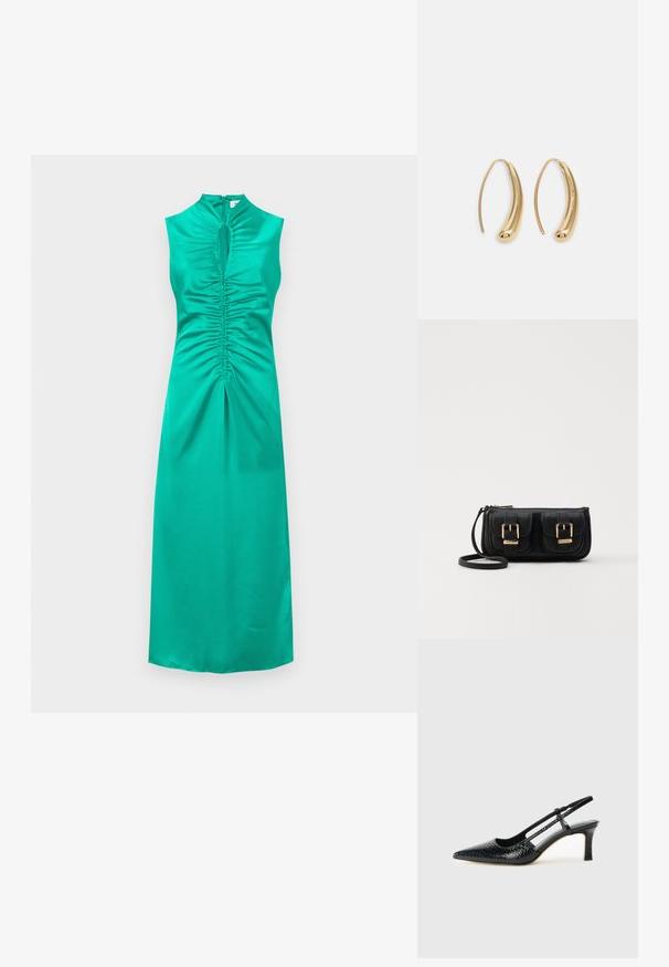 Kivágott nyakú, ujjatlan, tengerész kék selyemruha, ráncolt részletekkel a mellrészen és középen, hátul cipzárral és egyenes szegéllyel.; Fekete lakk slingback sarok, hegyes orral, texturált kígyómintával, állítható pánttal és rövid, texturált tömbsarkal.; Fekete bőr keresztbody táska két elülső zsebbel, arany csattokkal, cipzáras záródással és vékony pánttal. Textúrált felület és kompakt téglalap alak.; Aranyszínű fémből készült karika fülbevalók ívelt, hosszúkás formával. Simaságával és fényes felületével, valamint lekerekített végével további részletekkel bővül.