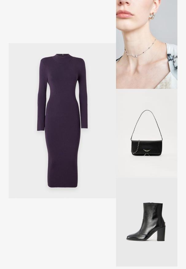 Długo-sleeve, purpurowa dzianinowa sukienka z wysokim dekoltem, dopasowanym krojem i długością do kolan. Miękka tekstura, minimalne zdobienia.; Czarne skórzane botki za kostkę o gładkiej fakturze, spiczastym nosku i grubym wysokim obcasie. Posiadają boczne wycięcie i minimalistyczny design.; Czarna skórzana torebka z srebrnym łańcuszkiem, ozdobiona dekoracyjnymi skrzydłami i białym przeszyciem wzdłuż dolnego szwu.; Srebrny naszyjnik z chokerem o delikatnym łańcuszku, z geometrycznymi akcentami i małym elementem dekoracyjnym na środku. Widoczna gładka tekstura skóry.