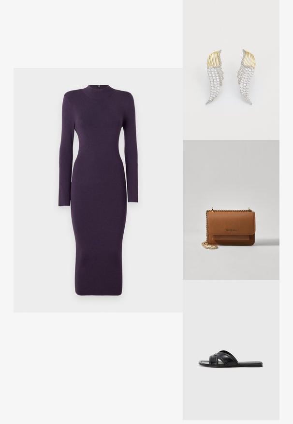 Langærmet, lilla strikkjole med højt halsudskæring, tætsiddende silhuet og knælængde kant. Blød struktur, minimal detaljering.; Sorte slide sandaler med en glat læderfinish, der har krydsende remme og udskæringsdetaljer, samt en flad, fleksibel sål.; Brun tekstureret læder crossover-taske med guldkæde-rem og klaplukning. Forsiden har logo-detalje og en lomme under klappen.; To parreformede øreringe i vingeform fremstillet af sølvfarvet metal med klare, rundslibede rhinestones og guldfarvet metalaccenter i et lagdelt design.