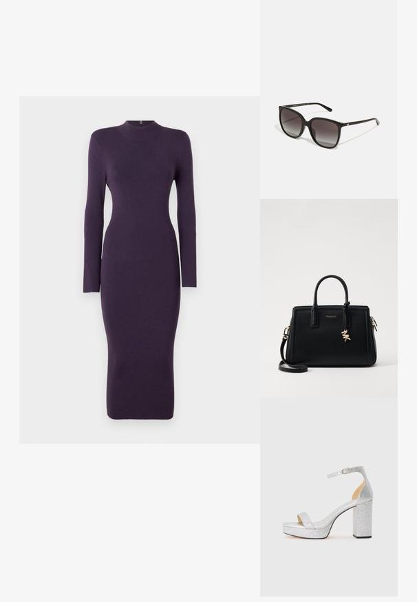 Abito a maniche lunghe in maglina viola con collo alto, silhouette aderente e orlo fino al ginocchio. Tessuto morbido, dettagli minimi.; Sandalo con tacco alto in argento glitter, con tacco largo a blocco, punta aperta e cinturino alla caviglia regolabile. Interno liscio ed esterno strutturato.; Occhiali da sole neri rettangolari con lenti sfumate, montatura in plastica e accento in metallo con logo sulla tempia. Design classico con texture liscia.; Borsa a tracolla in pelle nera con design strutturato, manici superiori doppi, tracolla rimovibile, accessori in oro e charm con logo.