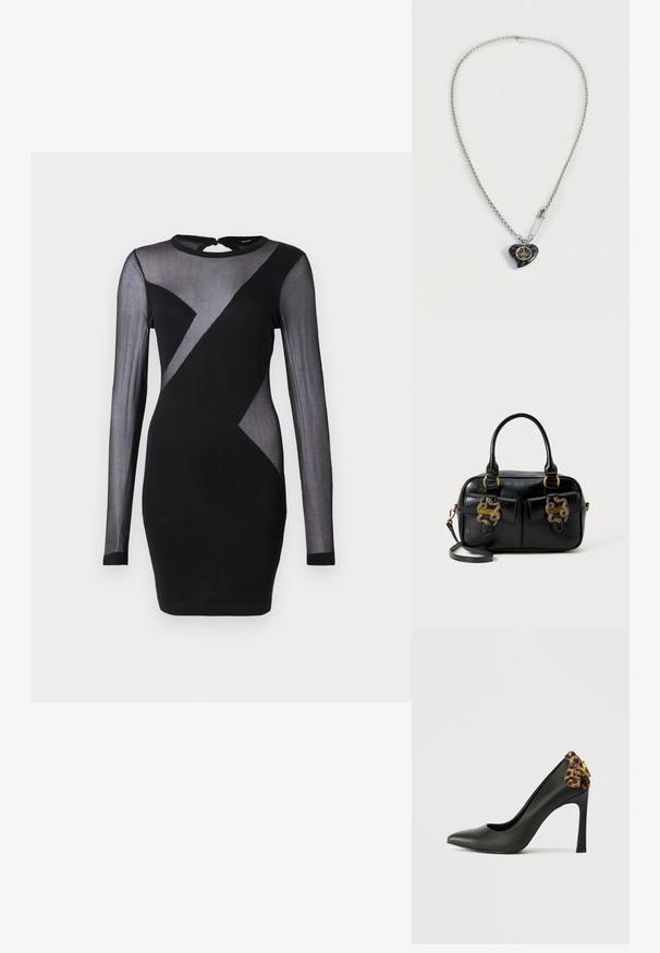 Czarna sukienka z długimi, przezroczystymi rękawami, okrągłym dekoltem oraz geometrycznym wzorem składającym się z jasnych i ciemnych sekcji materiału.; Czarne skórzane szpilki z ostro zakończonym noskiem i akcentem w figury lamparta z tyłu, z hardwarem w kolorze złotym na obcasie.; Czarna torebka skórzana o teksturowanej powierzchni z podwójnymi uchwytami u góry, dwoma przednimi kieszeniami i złotymi akcentami. Posiada odpinany pasek na ramię.; Srebrny naszyjnik z serduszkowym czarnym wisiorkiem z złotymi detalami oraz błyszczącą agrafką przymocowaną blisko wisiorka.