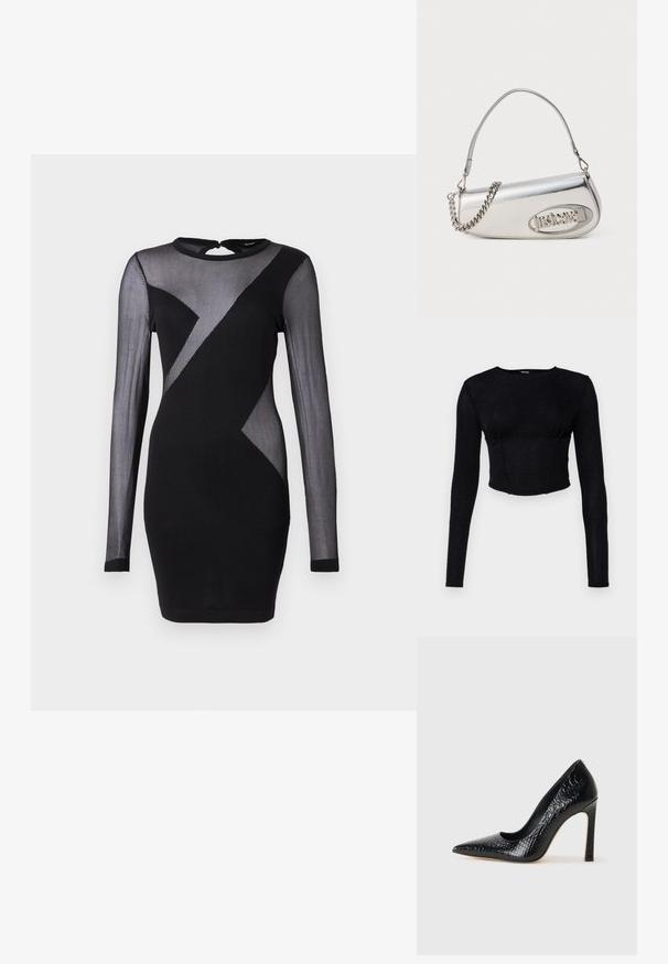 Crna haljina s dugim, prozirnim rukavima, okruglim izrezom i geometrijskim uzorkom s svijetlim i tamnim dijelovima tkanine.; Crni dugi rukav uski crop top od teksturiranog materijala, s prilagođenim dizajnom i nabranim detaljima na bustu.; Crne visoke potpetice s oštrim prstima, od teksture krokodilske kože, elegantnog dizajna, visoke stiletto potpetice i glatkog crnog unutrašnjosti.; Srebrna metalik torba s zaobljenim trokutastim oblikom, s logotipom, lančićem za nošenje i glatkom teksturom. Zatvaranje na patentni zatvarač sa strane.