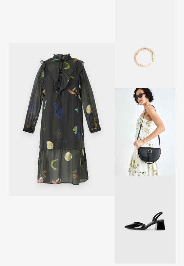 Svart klänning med volangkrage, långa genomskinliga ärmar och lager på lager nederkant. Har färgglada mönster av månar, växter och abstrakta former.; Svarta lackläder slingback klackar med spetsig tå och geometrisk klack. Har en elegant, minimalistisk design och slät yta.; Svart läderhandväska med en böjd form, avtagbar rem och guldiga detaljer. Väskan har ett lock med en spänndetalj.; Ring i guldutförande med en organisk, vriden design, slät yta och avsmalnande ändar, vilket ger ett modernt, skulpturalt utseende.