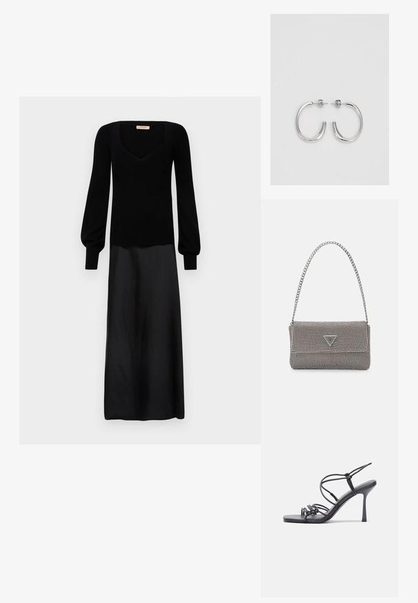 Juoda suknelė su prigludusia trikotažo viršūne ir tekancia satino sijonu. Turi ilgas, pūstas rankoves ir kvadratinį iškirpimą. Visuose audiniuose lygus paviršius.; Juodos aukštakulnės sandalai pasižymi plonyčiais dirželiais su mazgo dizainu, lygiu kvadratiniu pirštu ir elegantišku stiletto kulnu.; Šviesiai pilka metalinė rankinė su grandinėlės dirželiu, papuošta mažais apvaliais metaliniais smeigėmis ir trikampiu prekės ženklu.; Sidabrinės auskarai žiedai su lygiu, blizgiu paviršiumi. Suapvalinta forma, lengvas dizainas, su uždarymu ant smeigtuko.