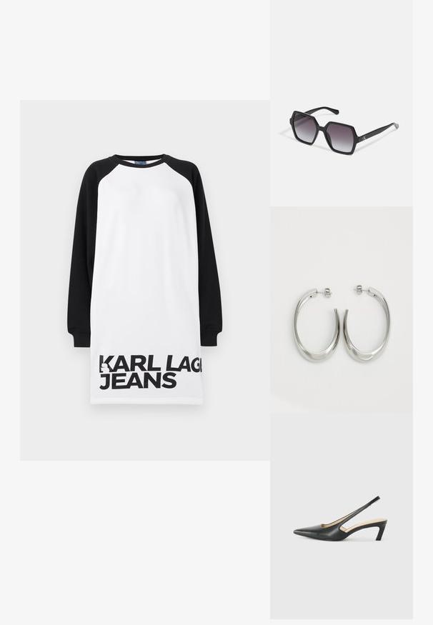 Vestido oversized em branco e preto com mangas raglan, apresentando texto em negrito preto "KARL LAGERFELD JEANS" na parte inferior. Material de algodão suave.; Sandal com bico fino e calcanhar baixo, em couro liso, com um design recortado na lateral para respirabilidade.; Óculos de sol hexagonais pretos com lentes degradê, apresentando um acabamento brilhante e uma marcação subtil na têmpora. Construção em plástico durável.; Pendentes de argola prateados com um design liso e curvado. Apresentam um acabamento metálico brilhante e fecho de pressão. Sem padrões ou detalhes visíveis.