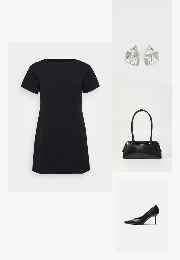 Rochie scurtă neagră cu mâneci scurte, decolteu rotund și crăpături laterale. Fabricată dintr-un material neted, cu un design ajustat și detalii de cusătură minime.; Pantofi cu toc înalt din piele neagră, cu vârf ascuțit și toc subțire stiletto, având o textură netedă și un design minimalist.; Geantă de mână lucioasă neagră, cu o siluetă curbată, două mânere și un plăcuță cu logo în față. Închidere cu fermoar și accente de metal strălucitor.; Cercei din metal argintiu cu un design sculptural ondulat, prezentând o finisare lucioasă și forme neregulate, evidențiind o estetică contemporană.