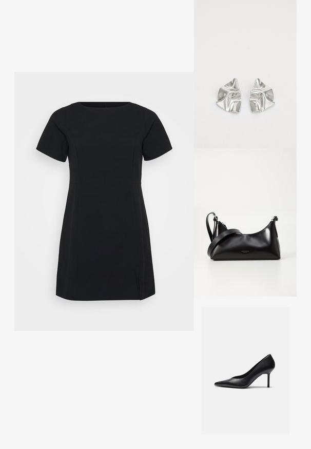 Lühike must kleit lühikeste varrukatega, ümmarguse kaelusega ja külgniitidega. Valmistatud siledast kangast, millel on selge disain ja minimaalsed õmblusdetailid.; Must musta kõrge kontsaga kingad terava varbaga ja õhukese stiletokontsaga, millel on sile tekstuur ja minimaalne disain.; Mustmust nahkaga kott sileda tekstuuriga. Omab reguleeritavat rihma ja sujuvat, minimalistlikku disaini, millel on lukuga sulgemine.; Hõbedased metallkõrvarõngad lainelise, skulpturaalse disainiga, millel on poleeritud viimistlus ja ebaregulaarsed kujundid, rõhutades kaasaegset esteetikat.