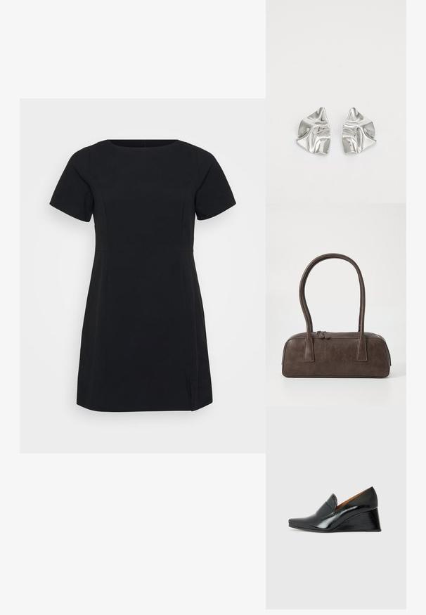 Vestido preto curto com mangas curtas, decote redondo e fendas laterais. Feito de um tecido suave com um design justo e detalhes de costura mínimos.; Chie Mihara VECINO - Cunhas - black; Bolsa de couro castanho com duas alças robustas, formato retangular, textura lisa e fecho de zíper. Design minimalista sem padrões visíveis.; Brincos de metal prateado com um design ondulante e escultural, apresentando um acabamento polido e formas irregulares, destacando uma estética contemporânea.