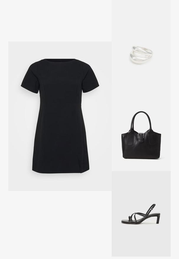 Kratka crna haljina s kratkim rukavima, okruglim izrezom i bočnim prorezima. Napravljena je od glatkog materijala s prilagođenim krojem i minimalnim detaljima šivanja.; Crne sandale s trakama, kvadratnim prstom i niskom blok petom. Ima više tankih trakica i podesivu trakicu oko gležnja. Izrađene su od glatke kože.; Crna kožna torba za nošenje s glatkom teksturom, strukturiranim oblikom, dvije ručke i istaknutim srebrnim kopčanjem na prednjoj strani.; Srebrna dvostruka prsten s glatkom, poliranom površinom. Karakterizira ga fluidan, zakrivljen dizajn s preklapajućim sekcijama za moderan izgled.; Srebrna dvostruka prsten s glatkom, poliranom površinom. Karakterizira ga fluidan, zakrivljen dizajn s preklapajućim sekcijama za moderan izgled.