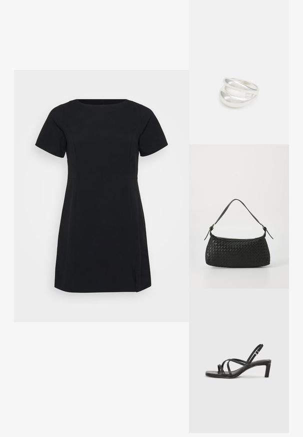 Vestido negro corto con mangas cortas, escote redondo y aberturas laterales. Fabricado con un tejido suave con un diseño ajustado y detalles de costura mínimos.; Sandalia negra de tiras con punta cuadrada y tacón bajo de bloque. Presenta múltiples tiras delgadas y una correa ajustable en el tobillo. Fabricada en cuero suave.; Bolso de hombro tejido en negro con una correa de cuero suave y cierre de cremallera. Presenta una superficie texturizada y una forma curvada.; Anillo de plata de doble banda con una superficie lisa y pulida. Presenta un diseño fluido y curvado con secciones superpuestas para un aspecto moderno.