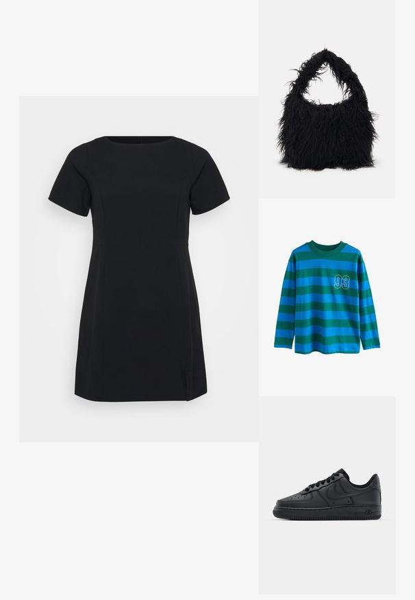 Abito nero corto con maniche corte, scollatura rotonda e spacchi laterali. Realizzato in tessuto liscio con un design aderente e dettagli di cucitura minimi.; Maglietta a maniche lunghe con strisce orizzontali blu e verdi, colletto a girocollo e numero "93" contornato di giallo sul petto.; Sneakers in pelle nera con punta perforata, lacci piatti e suola in gomma. Presentano un piccolo logo sul lato e dettagli testurizzati.; Even&Odd Shopping bag - black