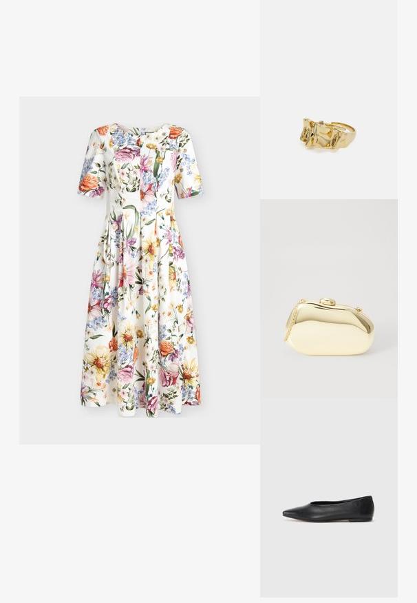 Floral print dress with short sleeves, a fitted bodice, and flared skirt. Features vibrant flowers in orange, pink, and blue on a white background.; Black leather ballet flat, pointed toe, minimalistic design, smooth texture, low-profile heel, no visible hardware or embellishments.; Metallic gold clutch with a smooth, rounded shape, featuring a top button clasp and a small chain strap for carrying.; Gold ring with textured, wavy design featuring three prominent peaks. Smooth, shiny surface with an open band for adjustable fit.