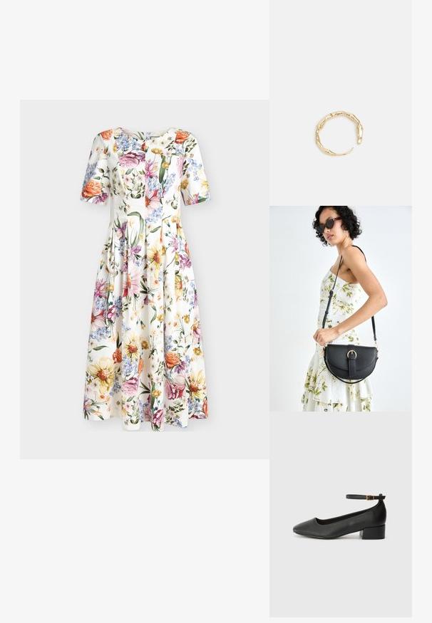 Blomstret kjole med korte ærmer, en tætsiddende krop og en udvidet nederdel. Har levende blomster i orange, pink og blå på en hvid baggrund.; Sorte læderpumper med spids tå og en lav blokhæl. Har en ankelrem med en guldfarvet spænde. Glat tekstur.; Sort læderhåndtaske med en buet form, aftagelig rem og guldfinish. Tasken har en klap med en spænde detalje.; Guld-tone ring med et organisk, snoet design, glat overflade og affasede ender, hvilket skaber et moderne, skulpturelt udseende.