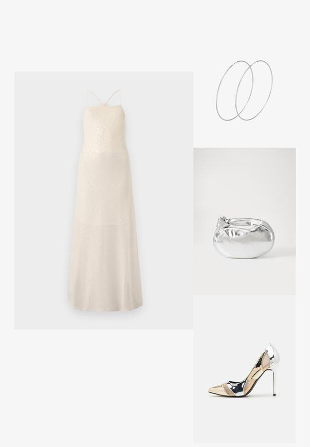 Dlouhé krémové šaty se vzorem z flitrů, s tenkými ramínky a přiléhavým korzetem, který přechází do volné sukně, hladká textura.; Lodička s špičatou špičkou a kombinací stříbrné, zlaté a tělové barvy. Lesklý povrch s vykrojeným designem, s jehlovým podpatkem.; Stříbrná kovová taška s měkkým, zaobleným tvarem a uzávěrem s uzlem. Vyrobena z hladké umělé kůže.; Stříbrné kruhové náušnice s minimalistickým designem. Kruh, hladký povrch a tenký profil. Lehká konstrukce s lesklým povrchem.