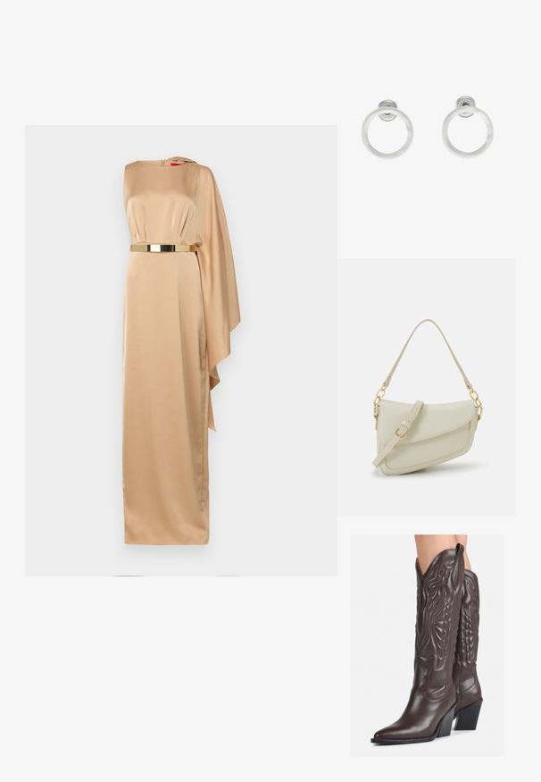 Halston RHIANNON GOWN - Apģērbs svinīgiem gadījumiem - tan beige; Brūni ādas kovboju zābaki ar norādītu purngalu un blokveida papēdi, ar detalizētu šūšanu un paceltiem akcentiem uz kājas daļas.; Maza krēmkrāsas rokas soma ar teksturētu apdari, garu regulējamu siksniņu, ķēdes akcentu un vāciņa aizdari. Zelta aparatūras detaļas.; Sudraba metāla gredzenveida auskari ar matētu faktūru, ar apaļu dizainu un caurspīdīgu aizdari, lai nodrošinātu drošu valkāšanu.