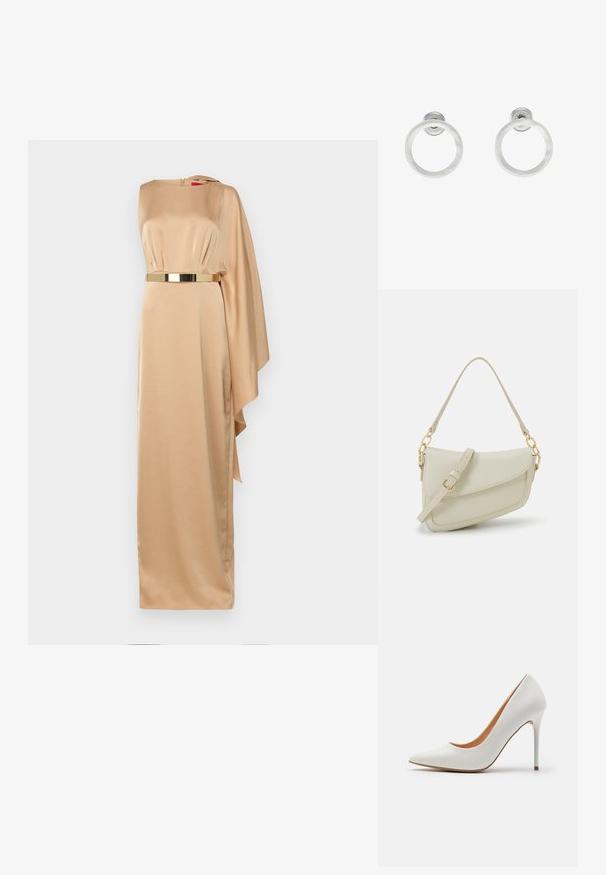 Halston RHIANNON GOWN - Abiti per occasioni speciali - tan beige; Pompa alta in pelle verniciata bianca con punta affusolata e sottile tacco a stiletto, caratterizzata da una superficie liscia e un interno beige.; Piccola borsa a tracolla crema con finitura testurizzata, una lunga tracolla regolabile, un accento a catena e chiusura a patta. Dettagli in hardware dorato.; Orecchini a cerchio in metallo argento con finitura spazzolata, caratterizzati da un design circolare e un gancio trasparente sul retro per una vestibilità sicura.