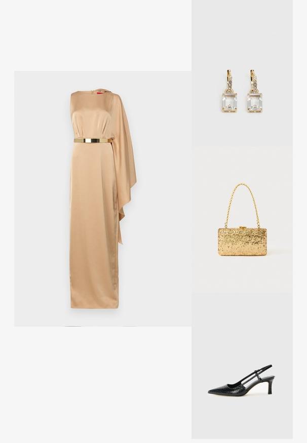 Halston RHIANNON GOWN - Společenské šaty - tan beige; Černé lakované slingback podpatky s špičatou špičkou, zdobené texturovaným hadím vzorem, nastavovacím páskem a krátkým texturovaným blokovým podpatkem.; Zlatá flitrová kabelka ve tvaru obdélníku, s propleteným řetízkovým uchem a kovovým zapínáním, odrážející světlo s texturovaným povrchem.; Náušnice ve zlatém odstínu s obdélníkovým, průhledným krystalem zavěšeným pod řadou malých, kulatých průhledných akcentů. Elegantní, moderní design.