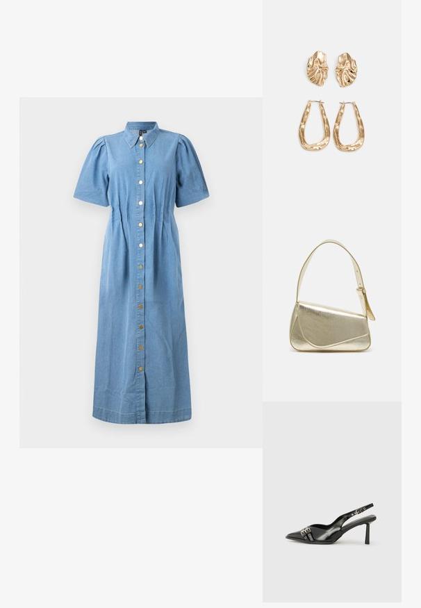 Denim shirt dress with short puff sleeves, collared neckline, and front button closure. Light blue color with a fitted waist and straight silhouette.; Black patent leather slingback shoe with pointed toe, ankle straps featuring silver buckles and hardware, and a slender heel.; Gold metallic handbag with a structured design, smooth texture, and adjustable strap. Features a unique triangular shape and minimalist stitching.; Gold-tone earrings featuring textured, wavy shapes. Includes sculptural clip-on studs and open hoop design with a hammered finish.