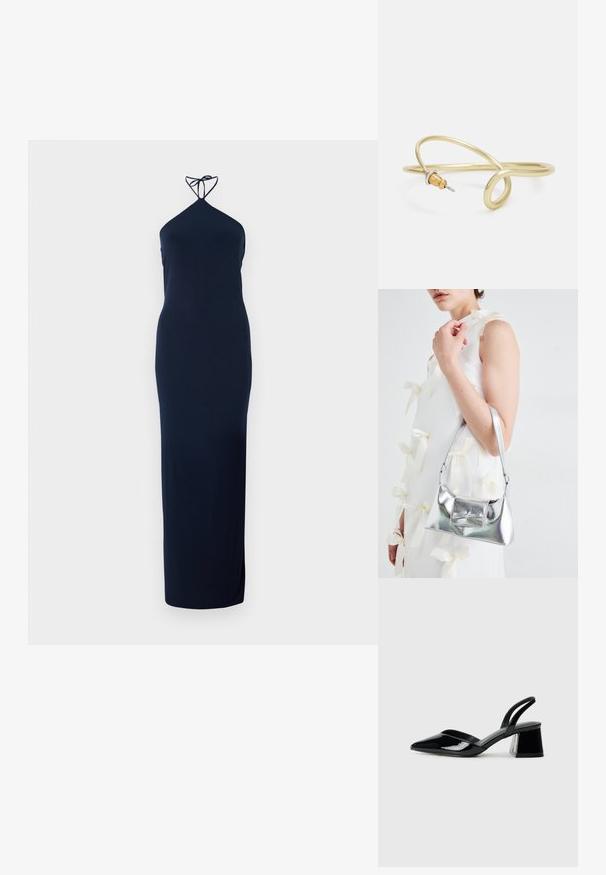 Jūros mėlynos spalvos kaklo juostos suknelė, prigludusi forma, ilga iki žemės, pagaminta iš lygios medžiagos, su plona juostele ant kaklo ir šonine iškirpte.; Juodos lakuotos odinės šlepetės su smailiu pirštu ir geometriniu bloko kulnu. Turi elegantišką, minimalistinį dizainą ir lygų paviršių.; Sidabrinė metalinė rankinė su struktūrizuota forma, turinti viršutinę rankeną ir kaspiną priekyje. Lygi tekstūra, atspindinti apdaila.; Auksinės spalvos metalinė apyrankė su skysčiu, kreipiančiu dizainu. Viename gale yra mažas, išsiskiriantis, sidabrinės spalvos akcentas.