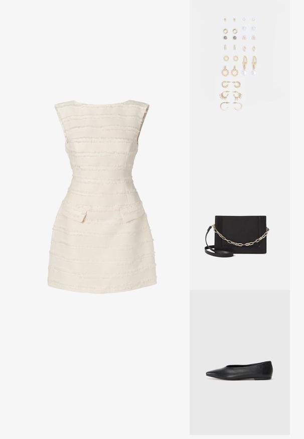 Hvit kjole med vertikale strukturerte striper, tettsittende design, rund hals og to små lommer foran.; Sorte lærballerina med spiss tå, minimalistisk design, glatt tekstur, lav hæl uten synlig metall eller dekorasjoner.; Svart lær crossbody-veske med glatt tekstur, rektangulær form og metallkjede detaljer på framsiden. Justerbar stroppe inkludert.; Sett med gullfargede øredobber med ulike design, inkludert stikkere, hoops og hengende deler med perler og rhinestones.
