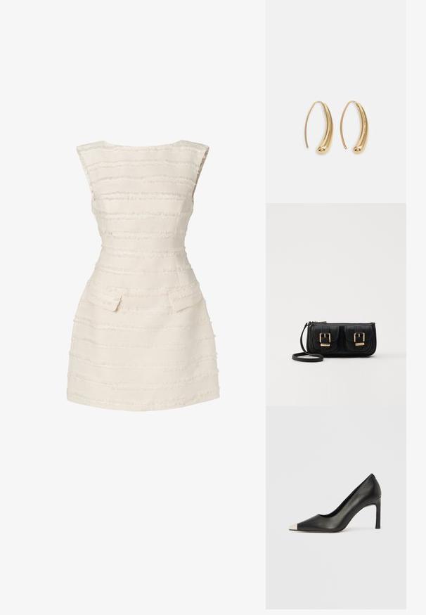 Balta suknelė su vertikaliomis tekstūruotomis juostelėmis, prigludusios fasono, apvaliu kaklu ir dviem mažomis priekinių kišenėlių.; Juodas odinis aukštakulnis batelis su smailia nosimi ir metaliniu sidabriniu galiuku. Turi lygų paviršių ir ploną 10 cm kulną.; Juodas odinis per petį nešiojamas krepšys su dviem priekiniais kišenėmis, auksiniais sagtimis, užtrauktuko uždarymu ir siauromis petnešomis. Textūruota paviršius ir kompaktiškas stačiakampis formatas.; Auksinės metalinės auskarų kabės su lenktą, pailgą forma. Turi lygų, blizgantį paviršių ir užapvalintą galiuką papildomam akcentui.