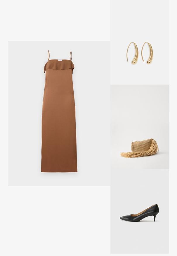 Filippa K FLUID DRAPED STRAP DRESS - Koktel haljina / svečana haljina - light brow; Crne kožne cipele s uskim vrhom, niskom petom i glatkom teksturom. Imaju blago otvaranje sprijeda i minimalne metalne detalje straga.; Cult Gaia VIERA - Ručna torbica - natural; Zlatne metalne naušnice u obliku obruča s zakrivljenim, izduženim oblikom. Imaju glatku, sjajnu površinu i zaobljeni vrh za dodatni detalj.