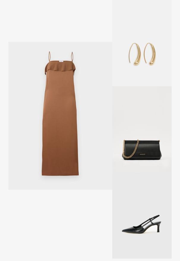 Filippa K FLUID DRAPED STRAP DRESS - Kokteilinė suknelė / vakarėlių suknelė - light brow; Juodai lakuoti slingback aukštakulniai su smailiu nosiu, su tekstūruotu gyvatės raštu, reguliuojama juosta ir trumpu, tekstūruotu blokiniu kulnu.; Juodas odinis delninukas su auksine grandine, turintis lygų paviršių, stačiakampį išmatavimą ir įspaustą prekės ženklą priekyje.; Auksinės metalinės auskarų kabės su lenktą, pailgą forma. Turi lygų, blizgantį paviršių ir užapvalintą galiuką papildomam akcentui.